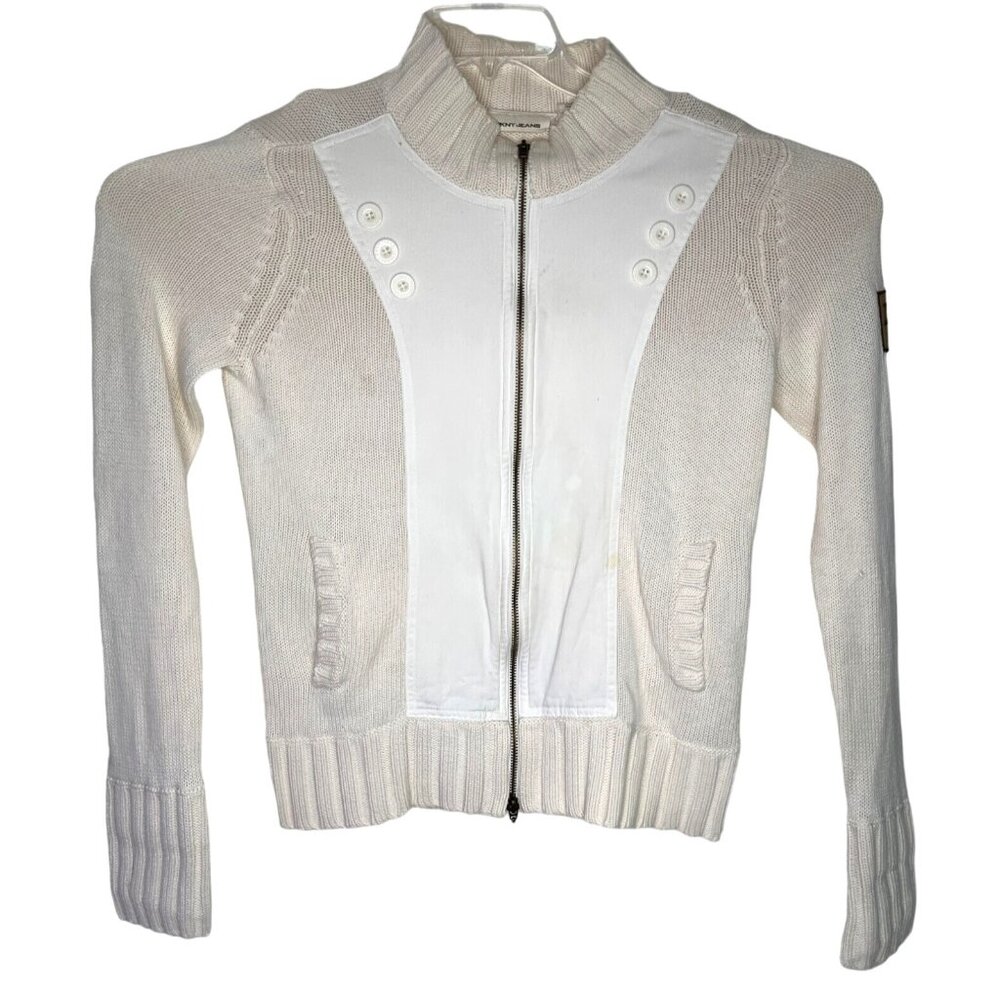 DKNY Jeans Small White Cotton Zipper Front Sweater  88i